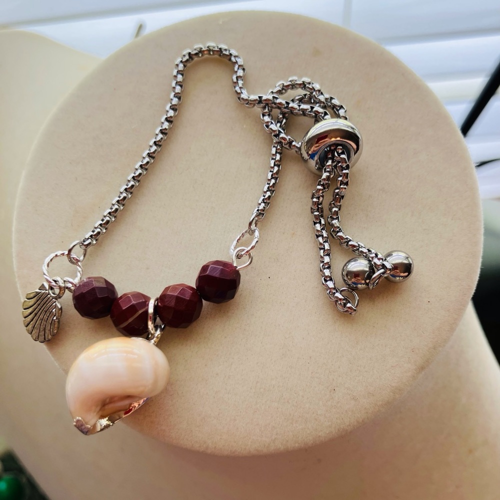 Silver and Red Beaded Bracelet with Shell Charm Handmade